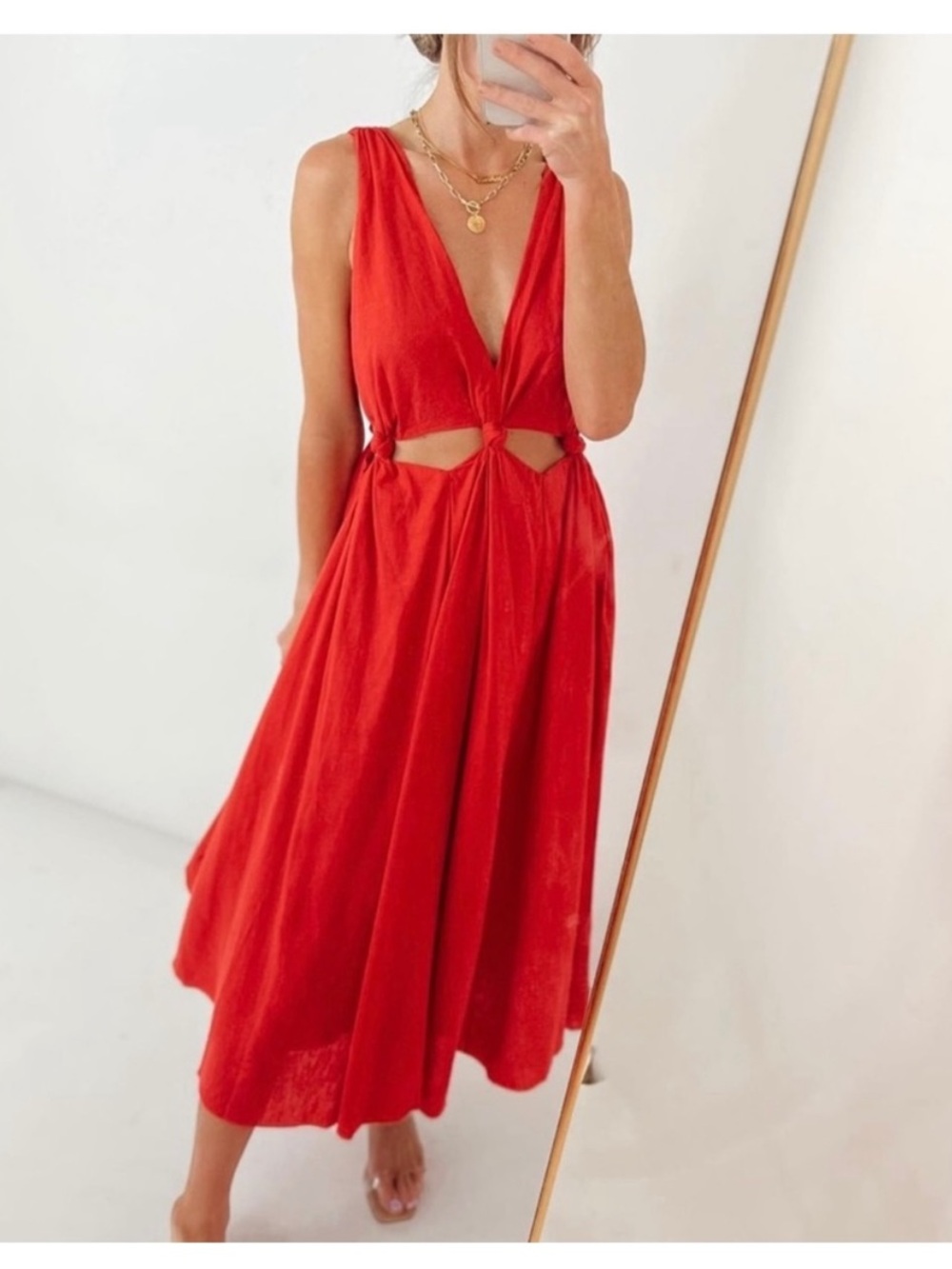 Farm Rio Red Knotted Cut Out Linen Blend Midi Dress